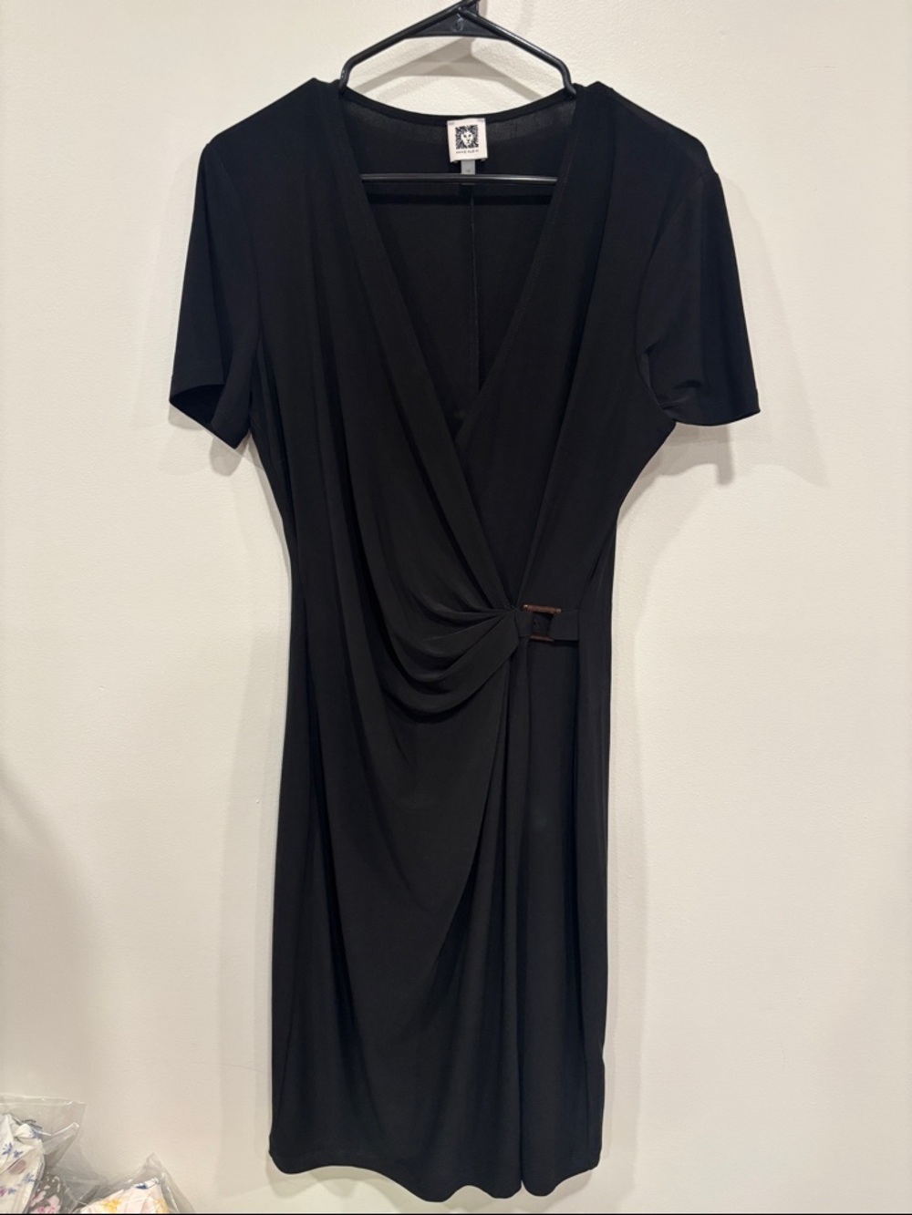 Anne Klein Black Draped V-Neck Faux Wrap-Style Midi Dress w/ Side Buckle